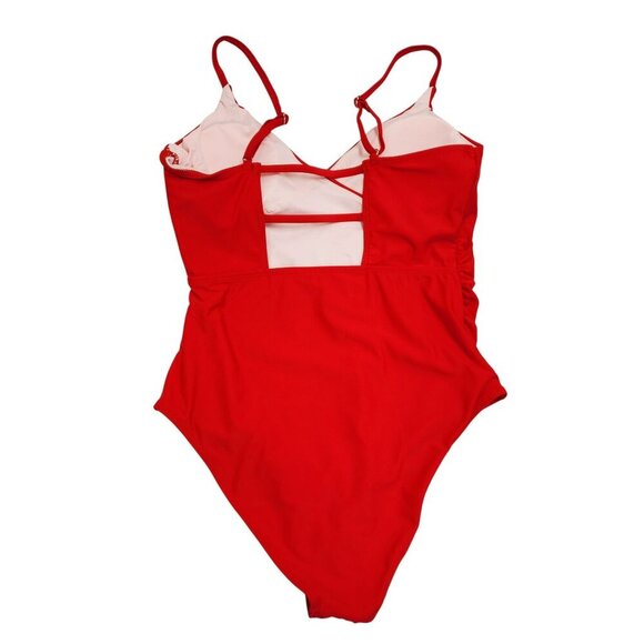 Red One-Piece Womens Swimsuit Adjustable Straps & Ruched Waist Size M - Picture 4 of 5